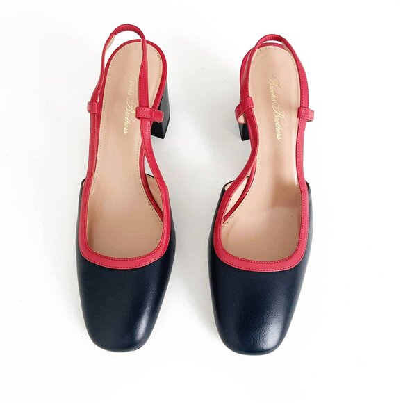 BROOKS BROTHERS Navy Blue & Orange Leather Slingback Block Heel Shoes – Size 8 - Picture 2 of 7